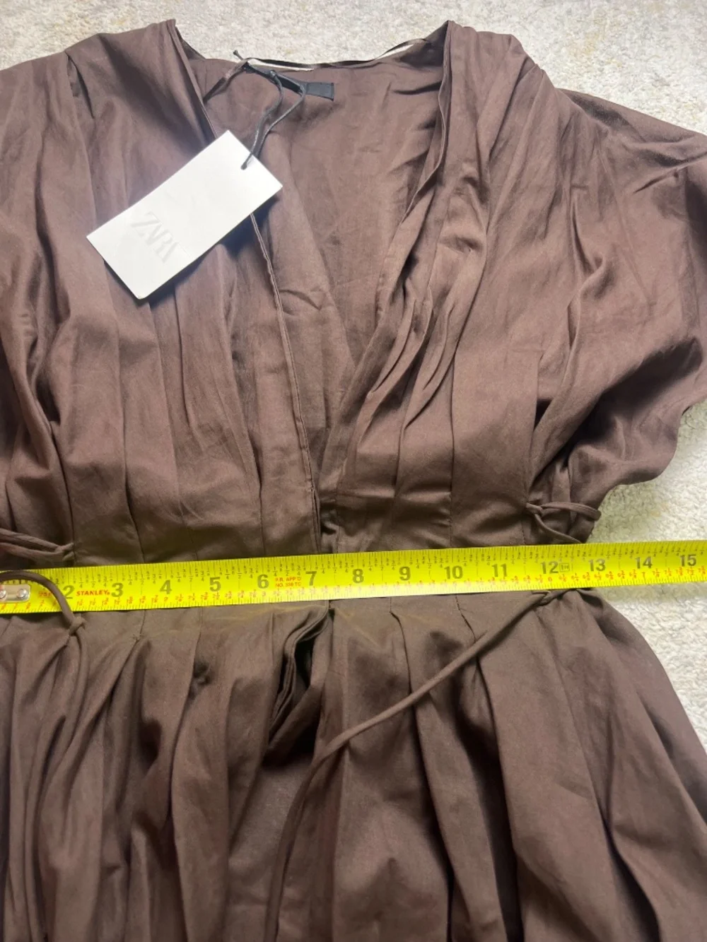 NWT Zara Brown Cotton Poplin Puff Sleeve Midi Dress Size M Pockets - Picture 12 of 12
